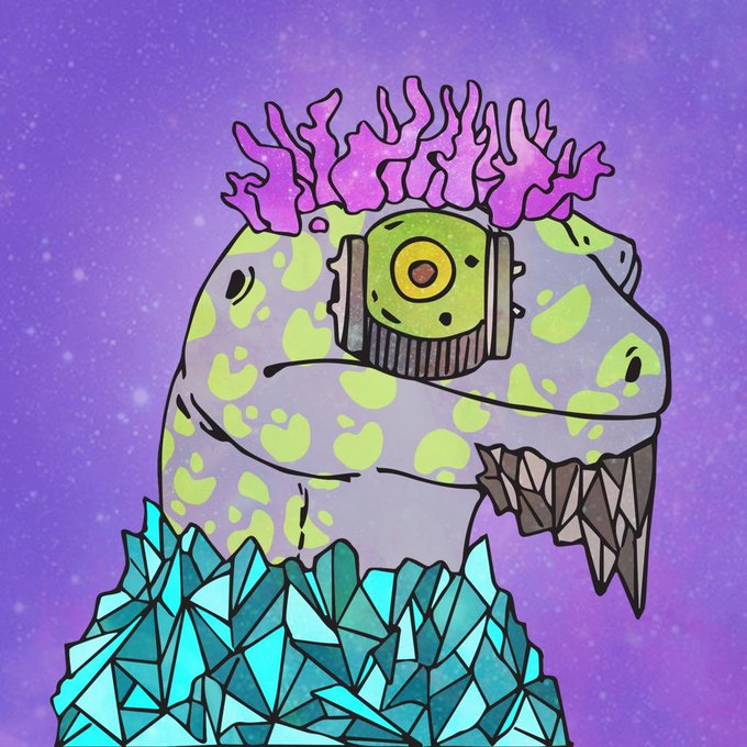 A stylized cartoon illustration of a green and purple creature with coral-like protrusions on its head and crystalline teal formations around its base, set against a starry purple background.