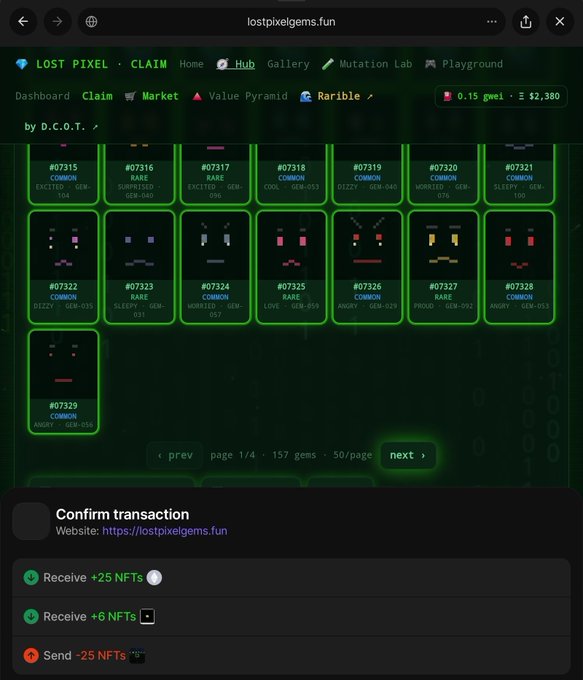 A screenshot of the 'LOST PIXEL' NFT website (lostpixelgems.fun) showing a marketplace of pixel-art gems categorized by traits like 'RARE,' 'COMMON,' and 'EXCITED,' with a wallet confirmation prompt at the bottom for a transaction involving 25 NFTs.
