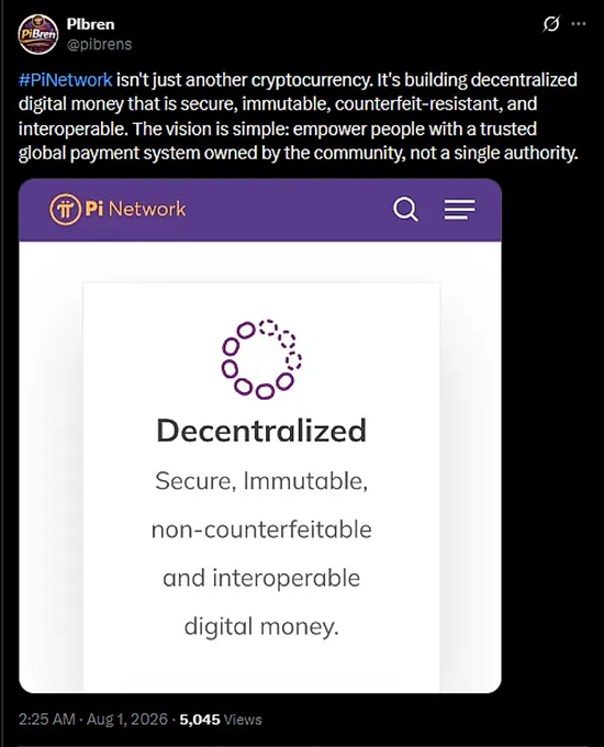 A tweet by @pibrens describing #PiNetwork as decentralized, secure, immutable, non-counterfeitable, and interoperable digital money, with a screenshot of the Pi Network website emphasizing those same qualities.