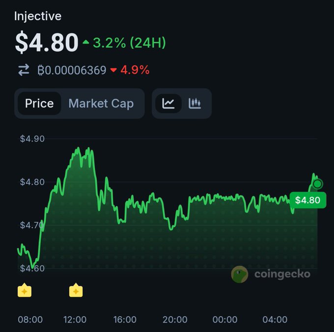 A CoinGecko price chart for Injective (INJ) showing a current price of $4.80, up 3.2% in 24H, with the green line graph spanning roughly from 08:00 to 04:00.