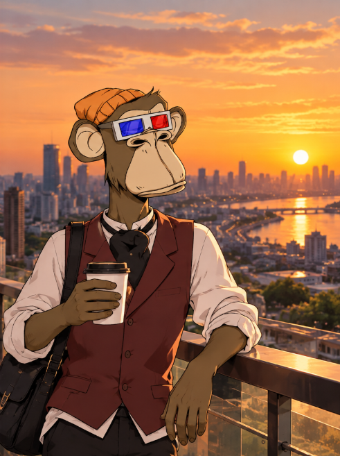 An anime-style illustration of a Bored Ape character wearing 3D glasses, an orange beanie, and a red vest, holding a coffee cup while overlooking a city skyline at sunset.