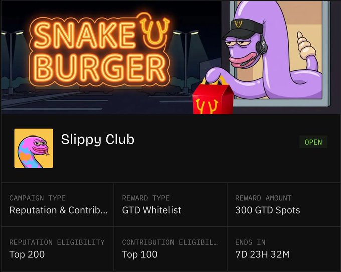 A promotional image for 'SNAKE BURGER' featuring a purple cartoon snake mascot, advertising the 'Slippy Club' campaign with rewards of 300 GTD Whitelist spots for top contributors, ending in 7D 23H 32M.
