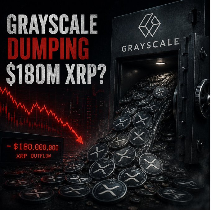 A dramatic graphic with the headline 'GRAYSCALE DUMPING $180M XRP?' showing an open vault labeled 'GRAYSCALE' spilling XRP coins, with a downward red chart and '$180,000,000 XRP OUTFLOW' displayed.