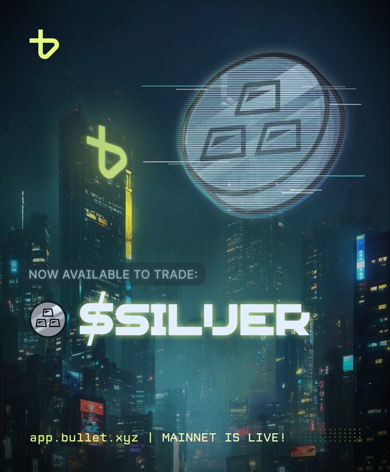 A cyberpunk-style promotional graphic for Bullet announcing 'NOW AVAILABLE TO TRADE: $SILVER' with app.bullet.xyz and 'MAINNET IS LIVE!' at the bottom.