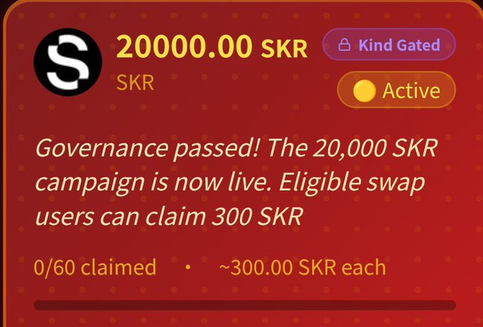 A promotional card announces the live 20,000 SKR airdrop campaign for Seeker Envelope Swap users, showing 0/60 claimed at ~300.00 SKR each, with "Kind Gated" and "Active" status badges confirming the governance-approved distribution is now open for eligible claimants.