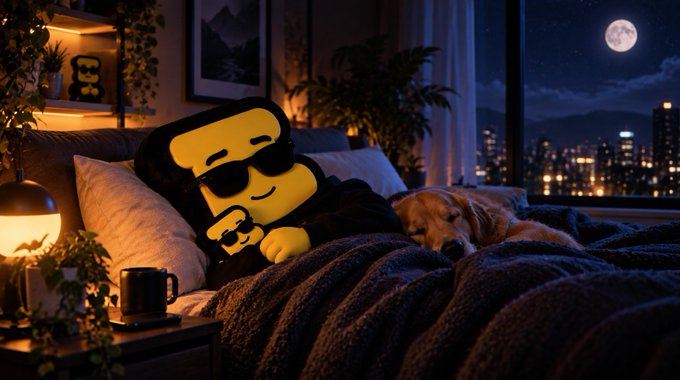 A cozy bedroom scene at night showing a yellow emoji-like character wearing sunglasses tucked into bed next to a sleeping golden dog, with a full moon and city skyline visible through the window.