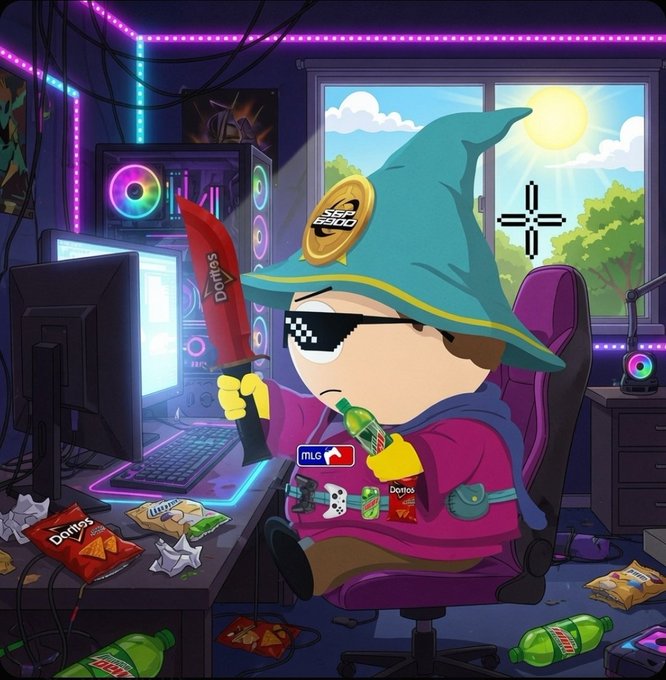 A cartoon character dressed as a wizard/gamer hybrid with a blue hat featuring a 'Star 6900' coin, pixelated sunglasses, holding a knife with various gaming and snack references including Doritos and Mountain Dew.