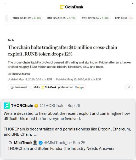 A CoinDesk news article titled 'Thorchain halts trading after $10 million cross-chain exploit, RUNE token drops 12%' by Shaurya Malwa, reporting that the cross-chain liquidity protocol paused trading after losing approximately $10.8 million across Bitcoin, Ethereum, BSC, and Base.