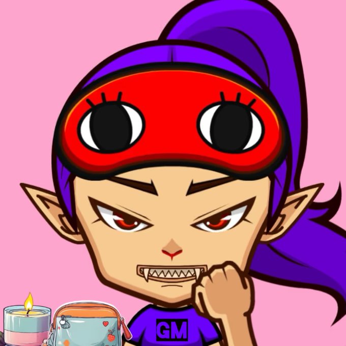 An anime-style cartoon character with purple hair, pointed ears, sharp teeth, and red goggles stands against a pink background, wearing a shirt labeled 'GM' alongside a candle and small bag.