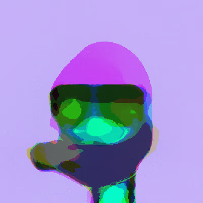 A stylized, colorful digital illustration of a person wearing large green sunglasses and a purple hat with a bright green face.