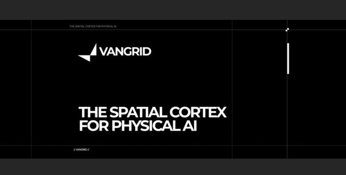 A black promotional graphic for VANGRID featuring the text 'THE SPATIAL CORTEX FOR PHYSICAL AI' in white lettering.
