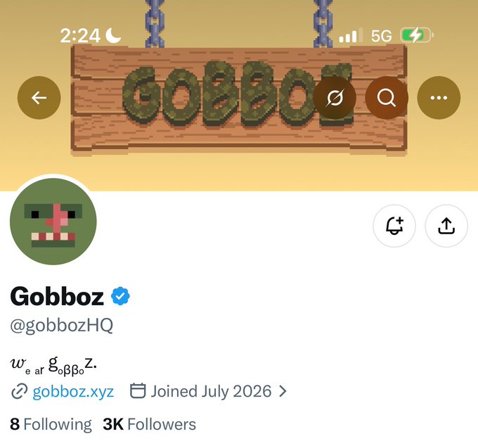 A screenshot of the Twitter/X profile for "Gobboz" (@gobbozHQ) displayed on a mobile device, showing a pixel-art Minecraft-style zombie avatar and a wooden sign banner reading "GOBBOZ," with the account having 3K followers and joining July 2026. The image is likely supporting the post's announcement of a guaranteed GTD allocation raffle for the Gobboz project.