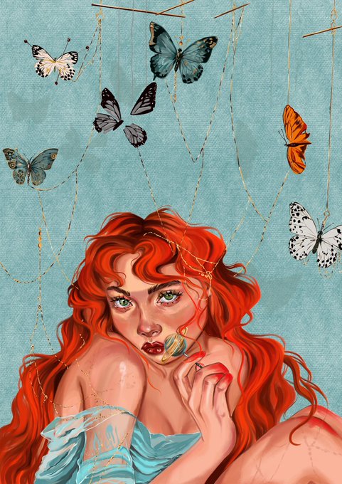 The image depicts a striking red-haired woman with green eyes, gazing at a small colorful butterfly perched on her finger, framed by delicate golden threads suspending larger butterflies in various states of life around her—directly illustrating the artwork's theme of fragile memories and choices suspended on the threads of fate.