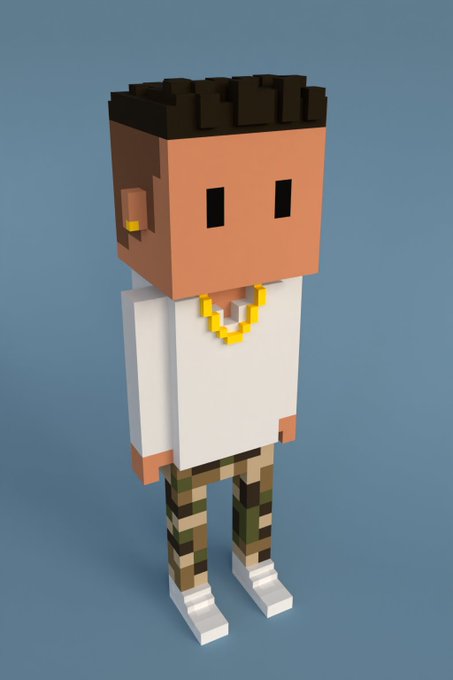 A 3D voxel/blocky style character resembling a young man with dark hair, gold chain, white shirt, and camo pants against a blue background.