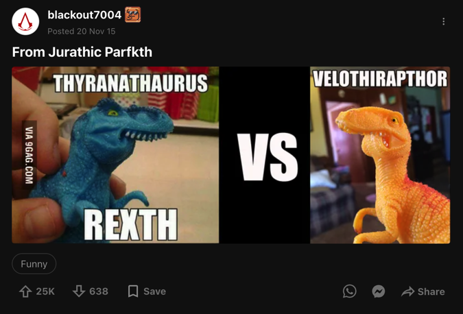 The image is a Reddit post by user "blackout7004" featuring a meme with toy dinosaurs labeled "THYRANATHAURUS REXTH" vs "VELOTHIRAPTOR" from "Jurathic Parkfth," tagged as Funny with 25K upvotes. The post appears unrelated to the accompanying text about FUD spread regarding $FEFER and disputes over original creator claims, suggesting the dinosaur toy image may be tangentially related to the discussion of the "FEFER" meme coin.