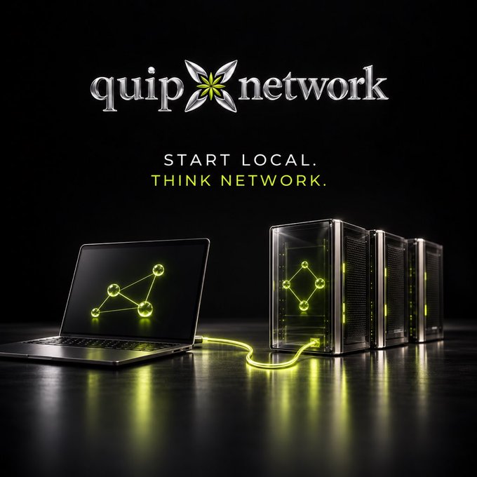 An advertisement for 'quip network' featuring a laptop and server racks connected by a glowing yellow cable, with the slogans 'START LOCAL' and 'THINK NETWORK'.