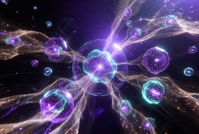 A digital artwork depicting glowing purple and teal energy spheres connected by flowing particle streams against a dark background, suggesting a quantum or cosmic theme.