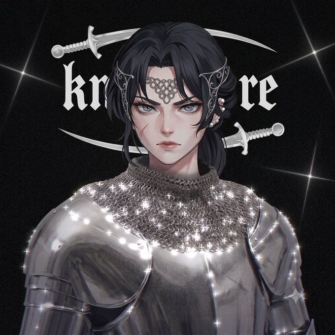 An anime-style digital illustration titled 'kr re' (partially obscured) featuring a dark-haired character in chainmail and silver armor with two daggers crossed behind them against a starry black background.