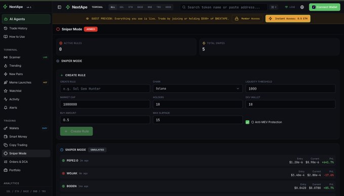 A screenshot of the NexArb crypto trading platform showing the 'Sniper Mode' interface with rules for Solana tokens PEPE2, WIF, and BODEN, and a warning that it's in 'QUIET PREVIEW'.