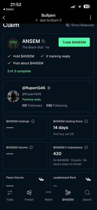 Bullpen app screen showing ANSEM ('The Black Bull' 1w) claim page with 3 of 3 tasks complete, including $ANSEM holdings, volume, and X impressions stats.