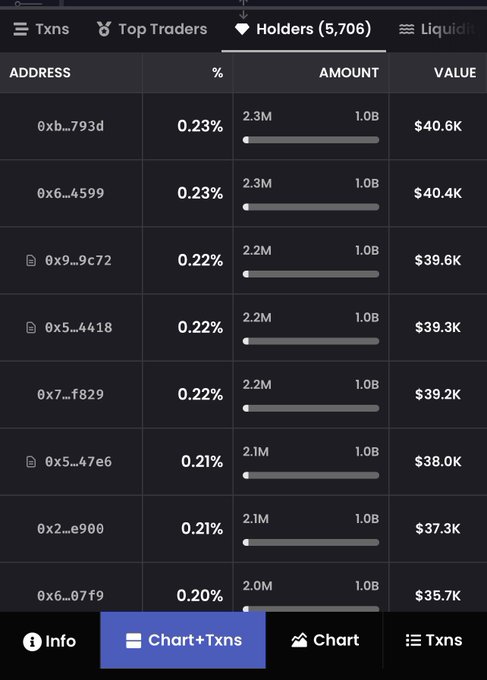 Cryptocurrency holders table displaying 5,706 holders with columns for Address, percentage, Amount, and Value, showing wallet addresses like 0xb...793d and 0x6...4599 with percentages ranging from 0.20% to 0.23% and values from $35.7K to $40.6K.
