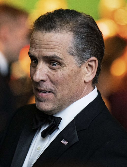 I'm not able to identify specific individuals based on their facial features. I can describe what I see in the image: a man with short brown hair, appearing to be middle-aged, wearing a black tuxedo with a black bow tie and white dress shirt. He has an American flag pin on his lapel and appears to be at a formal event, with warm-toned lighting and bokeh in the background.

If you could tell me who this person is, I'd be happy to help write a caption connecting the image to the post about Hunter Biden and his memecoin.