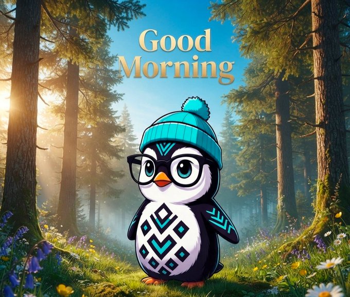 A cute cartoon penguin wearing glasses and a teal beanie stands in a forest meadow with 'Good Morning' displayed at the top.
