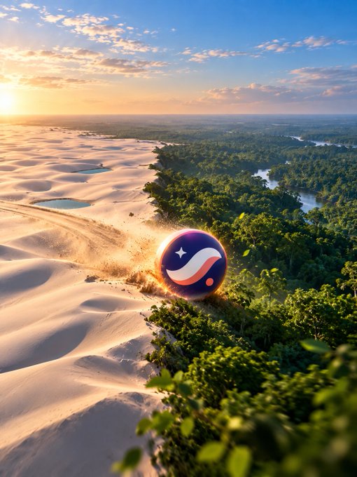 A scenic landscape showing a split between sandy dunes and a lush green forest with rivers, featuring the Starry Night (STARRY) crypto logo overlaid in the center.
