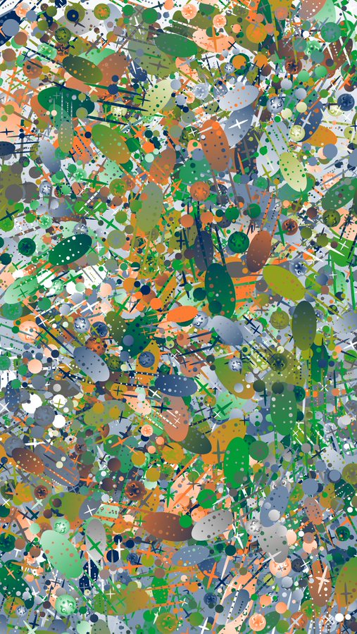 An abstract digital artwork featuring a chaotic mix of green, orange, white, and gray splatters, dots, and shapes against a white background.