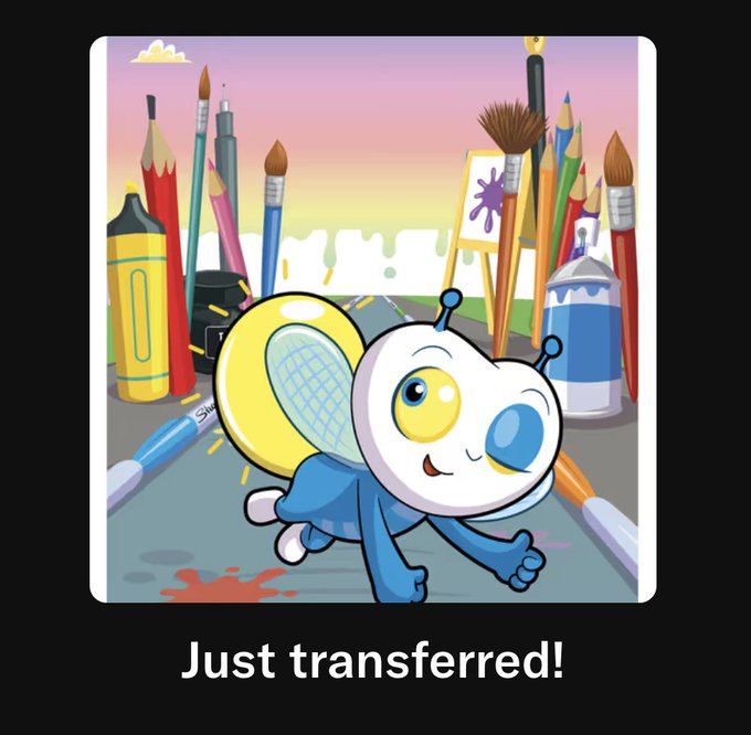 A cheerful cartoon alien surrounded by art supplies like paintbrushes, pencils, and bottles gives a thumbs-up above the text "Just transferred!" The image playfully celebrates a community milestone, matching the post's welcoming vibe of adding "McFly" to the "wantnots" crew, discord, and comics crew.