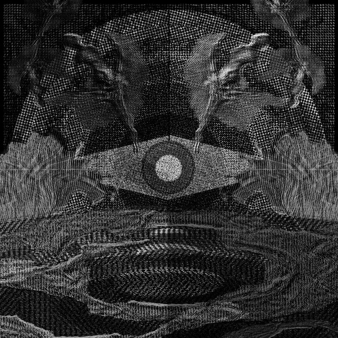 A dark, monochromatic, glitchy textured artwork depicting a stylized eye or sun motif over a bowl-like shape with symmetrical wavy patterns.