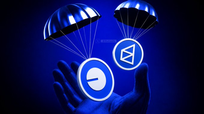 A stylized blue-tinted image of a hand holding two parachute tokens, one featuring a "no entry" symbol and the other a CodePen-like logo, representing an airdrop.