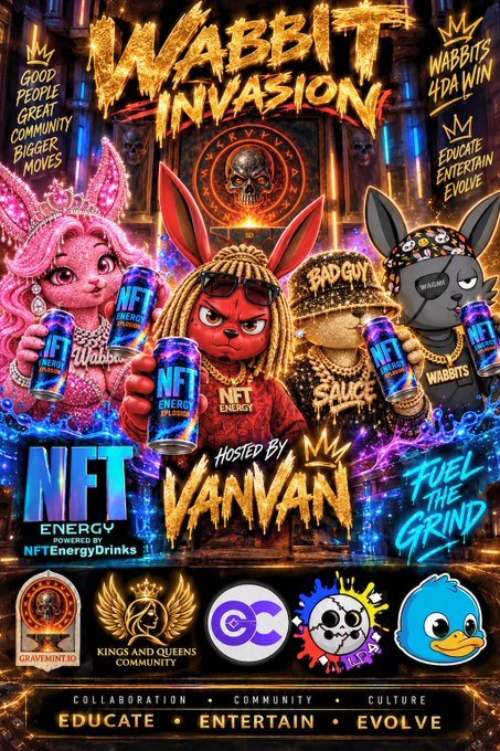 This vibrant promotional poster advertises a "Wabbit Invasion" weekend event hosted by VanVan (@100GrandVan) and sponsored by NFT Energy Drinks, featuring collaborations with "Energy Wabbits" and "K&Q Agency." The image showcases colorful bunny characters holding NFT Energy Drink cans, with event details for September 20th at 1:00 PM CT, $100 and SOL giveaways, and partnerships with brands like Gravimint and Kings and Queens Community.