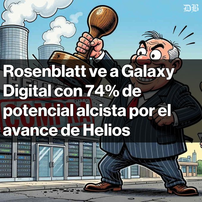 A cartoon-style illustration of an older man in a pinstripe suit wielding a large wooden stamp, with Spanish text reading 'Rosenblatt ve a Galaxy Digital con 74% de potencial alcista por el avance de Helios' over a cityscape background.