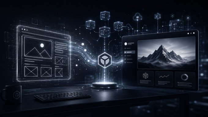 A futuristic digital illustration showing holographic UI panels, a 3D cube icon, and a dark mountain landscape emerging from a glowing central point on a desk.