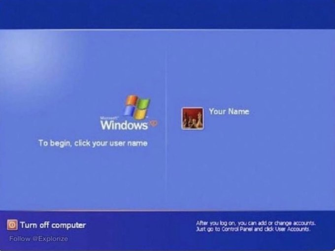 A nostalgic Windows XP welcome screen displaying "Your Name" with the prompt "To begin, click your user name" and a "Turn off computer" option, paired with the post "Are you this old, unc?"—evoking nostalgia for users who grew up logging into this iconic blue interface from the early 2000s.