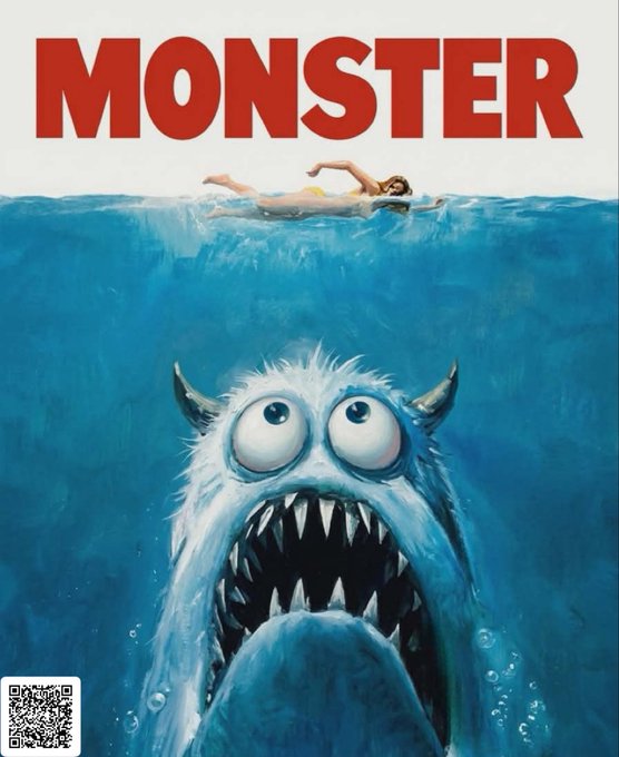 The image features an illustration of a monster with horns, teeth, and a large mouth, swimming underwater. The monster appears to be looking at someone who is lying on their stomach above water. The background of the image shows a person floating on their back in the ocean. The caption below the image reads "“You're gonna need a bigger boat” @SimpleDEXFun $XPR @MetalBlockchain $METAL".