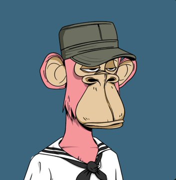 The image features a cartoon character wearing a sailor's outfit, including a hat with a band around its neck. The character appears to be a pink monkey or a pink ape, depending on the interpretation. The background of the image is blue, which contrasts with the character and adds depth to the scene. The caption below the image reads: "From MAYC to BAYC, and with an Apes that carries a little piece of home with it. That makes the upgrade feel even more meaningful. Some Apes are grails because of the traits.