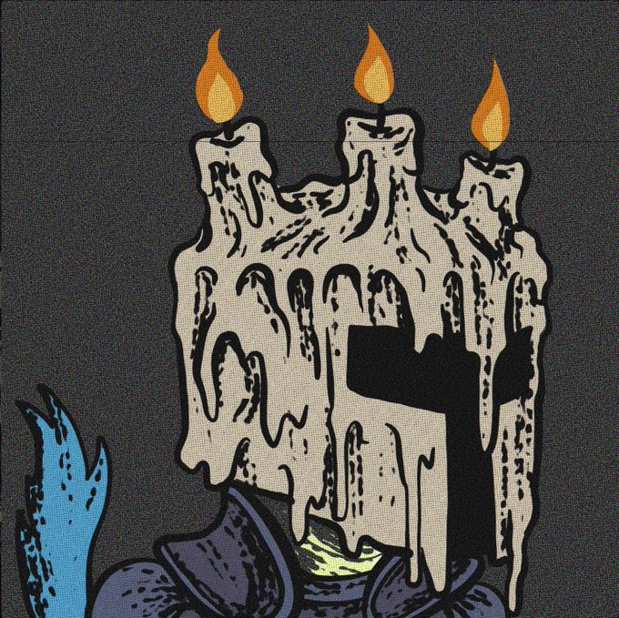 A pop-art style illustration shows a melted white candle with three lit flames and a black cross, casting a blue glow over what appears to be a gravestone, set against a dark grainy background. The image serves as a provocative comparison in the post, which mocks selling NFTs at 0.0075 ETH as being as absurd as buying pizza with Bitcoin—a reference to the infamous 2010 Bitcoin pizza transaction often cited as a missed opportunity in crypto history.