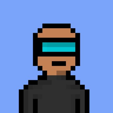 A pixel art portrait of a character wearing a brown helmet with a teal visor, shown from the chest up against a blue background.