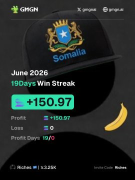 The image shows a black hat with a blue and gold emblem, which has the text "SOMALIA" written on it. The background of the image is black, making the hat stand out prominently. Below the hat, there are two lines of text that read "JUNE 2026 19 days Win Streak". These numbers indicate the number of days a person has been investing in this particular strategy. In addition to these numbers, there's also some text about the post and its creator, which reads: "Riches x 3.25k for the month of June. Invite code richies.ai/r/Riches". This information suggests that the hat is related to a financial or investment strategy, possibly involving stocks or other assets.