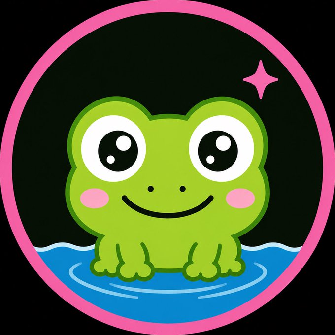 A cute cartoon illustration of a smiling green frog sitting in blue water, framed within a pink circular border against a dark background with a small pink sparkle.