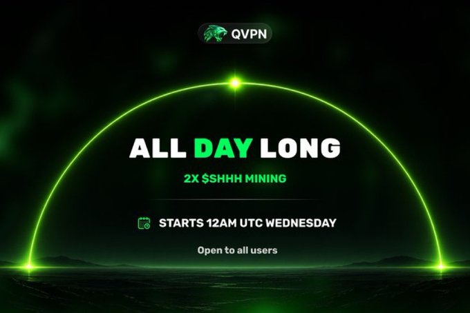 A promotional banner for QVPN announcing 'ALL DAY LONG' with 2X $SHHH mining, starting 12AM UTC Wednesday, open to all users, displayed with green neon lighting effects.