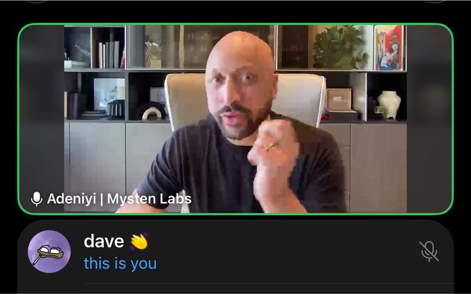 A video call screenshot shows a bald man with a beard labeled 'Adeniyi | Mysten Labs', with a comment below from user 'dave' saying 'this is you'.