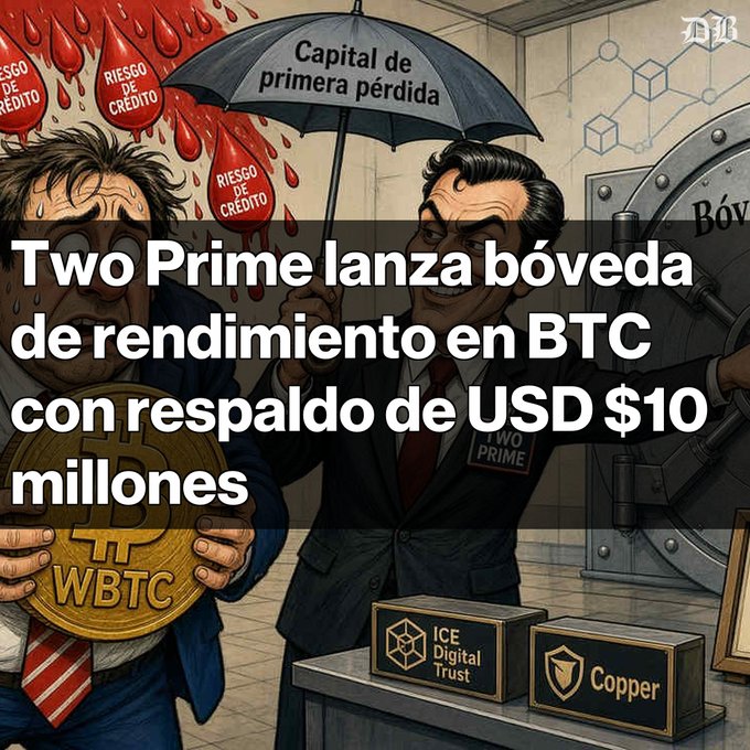 A satirical cartoon illustration with the Spanish text 'Two Prime lanza bóveda de rendimiento en BTC con respaldo de USD $10 millones,' showing men under an umbrella labeled 'Capital de primera pérdida' near vaults and Bitcoin-themed elements.