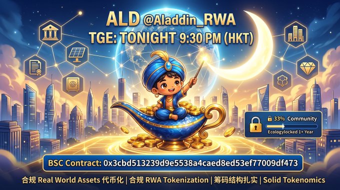 A promotional graphic for ALD @Aladdin_RWA TGE (Token Generation Event) scheduled for tonight 9:30PM (HKT), featuring a cartoon genie on a magic lamp with a city skyline background. The image shows a BSC contract address (0x3cbd513239d9e5538a4caed8ed53ef77009df473) and advertises Real World Assets tokenization, compliance, and solid tokenomics.