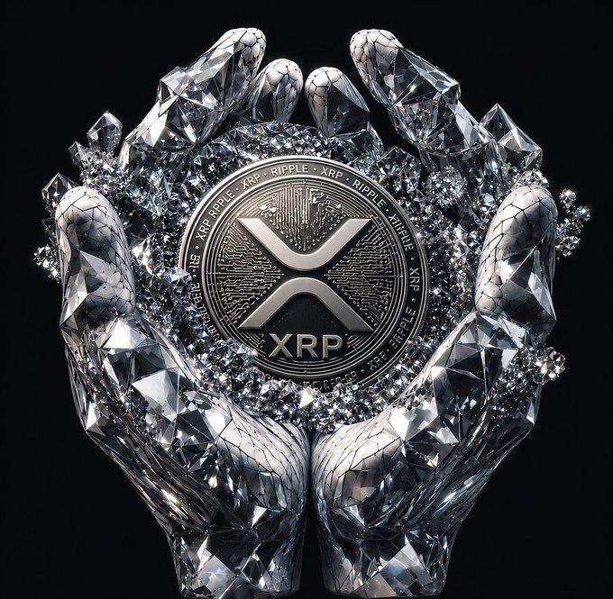 A digital artwork showing two crystal/diamond-textured hands cradling an XRP cryptocurrency coin with the XRP logo and 'XRP RIPPLE' text inscribed around the rim.