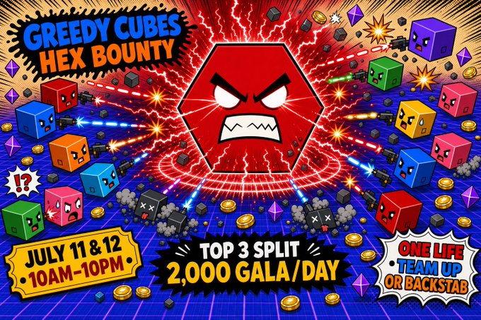 A vibrant promotional graphic for the "Greedy Cubes HEX Bounty" event, featuring a fierce central red hexagon surrounded by armed cartoon cube characters battling across a neon grid, with text announcing "TOP 3 SPLIT 2,000 GALA/DAY" on July 11 & 12 from 10AM–10PM, plus "ONE LIFE • TEAM UP OR BACKSTAB" rules. The accompanying post extends the event dates to July 17, 18 & 19, tying the image to Gala Games' ongoing Greedy Cubes tournament promotion.