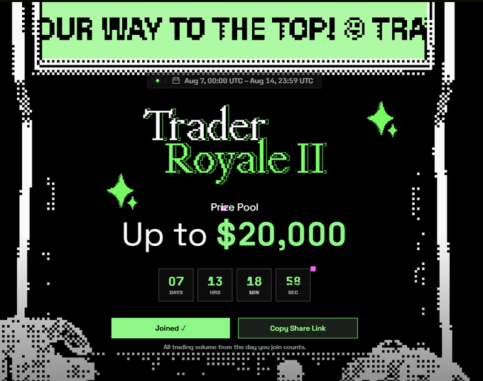 A promotional graphic for "Trader Royale II" trading competition with a prize pool of up to $20,000, running from Aug 7 to Aug 14 UTC, showing a countdown timer of 7 days, 13 hours, 18 minutes, and 58 seconds remaining with "Joined" and "Copy Share Link" buttons. However, the caption appears inconsistent with the post's mention of a TxFlow competition with up to $3,000 in fee credits.