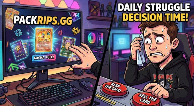 A cartoon-style advertisement for packrips.gg showing a stressed gamer at his computer facing a 'Daily Struggle Decision Time!' choice between 'Keep The Card' and 'Sell The Card' with a 'Gacha Pull!' display.